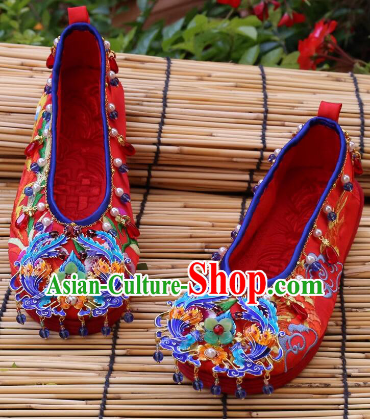 Handmade Red Satin Shoes Traditional Embroidered Phoenix Peony Shoes Top Wedding Shoes