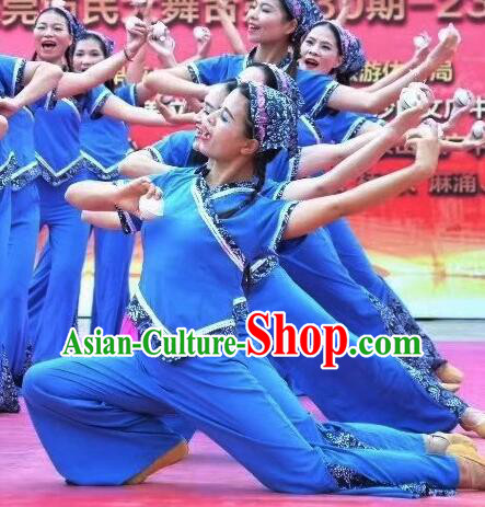 China Folk Dance Blue Outfit Traditional Yangko Dance Clothing Hakka Style Girl Costume