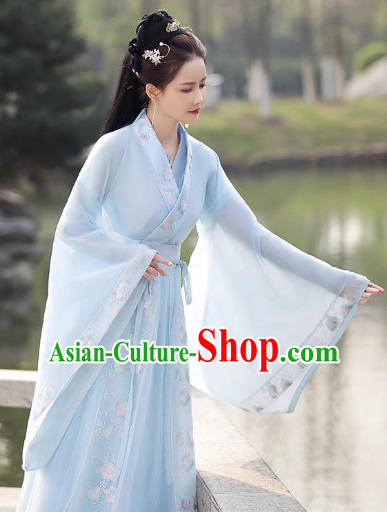 China Traditional Hanfu Princess Blue Dress Ancient Young Lady Clothing Song Dynasty Replicate Clothing
