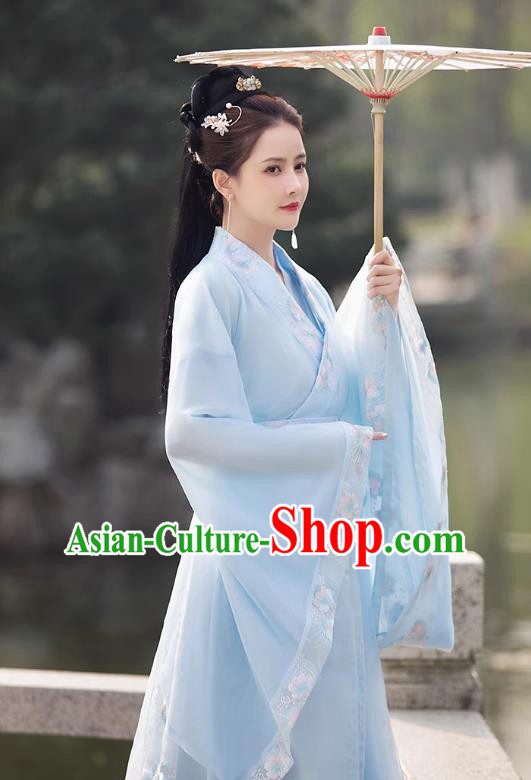 China Traditional Hanfu Princess Blue Dress Ancient Young Lady Clothing Song Dynasty Replicate Clothing