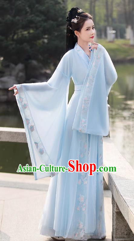 China Traditional Hanfu Princess Blue Dress Ancient Young Lady Clothing Song Dynasty Replicate Clothing