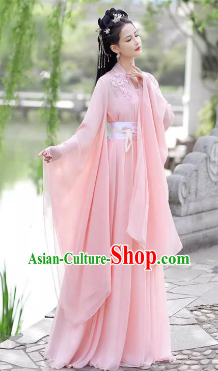 China Ancient Clothing Traditional Wide Sleeve Pink Hanfu Dress Tang Dynasty Princess Costume