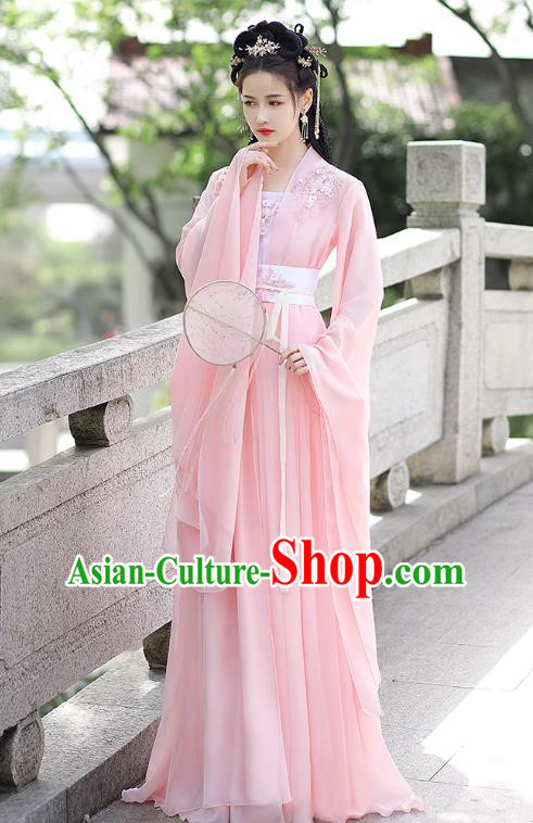 China Ancient Clothing Traditional Wide Sleeve Pink Hanfu Dress Tang Dynasty Princess Costume