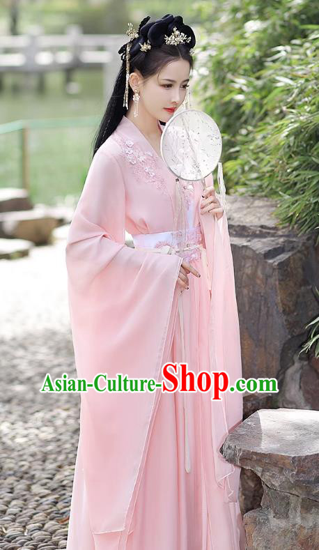 China Ancient Clothing Traditional Wide Sleeve Pink Hanfu Dress Tang Dynasty Princess Costume