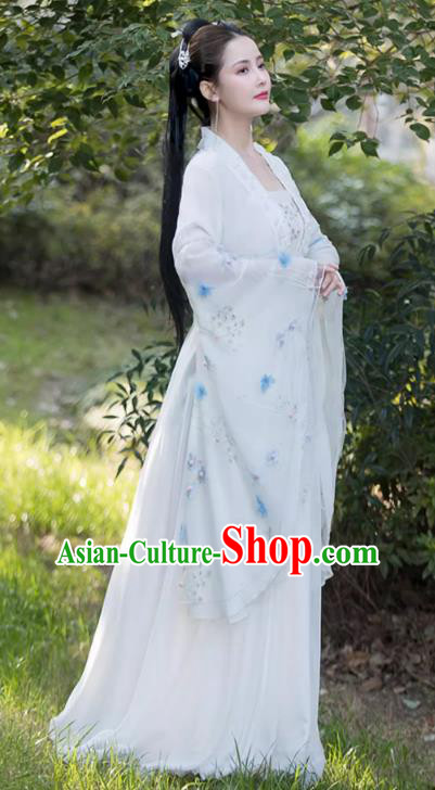 Traditional Wide Sleeve White Hanfu Dress China Tang Dynasty Costume Ancient Goddess Clothing