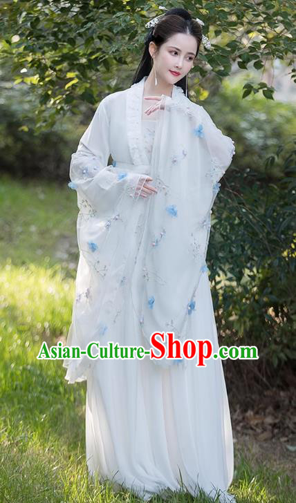 Traditional Wide Sleeve White Hanfu Dress China Tang Dynasty Costume Ancient Goddess Clothing