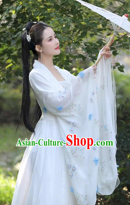 Traditional Wide Sleeve White Hanfu Dress China Tang Dynasty Costume Ancient Goddess Clothing