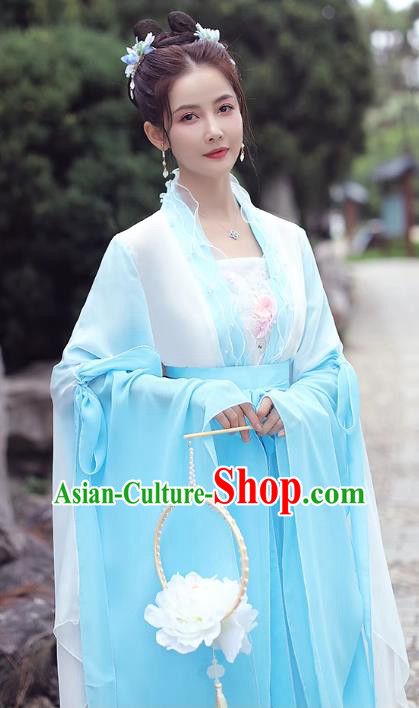 China Ancient Hanfu Classical Dance Clothing Light Blue Fairy Dress Song Dynasty Princess Costume