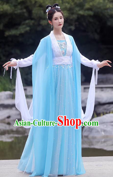 China Song Dynasty Princess Costume Blue Fairy Dress Ancient Hanfu Classical Dance Clothing