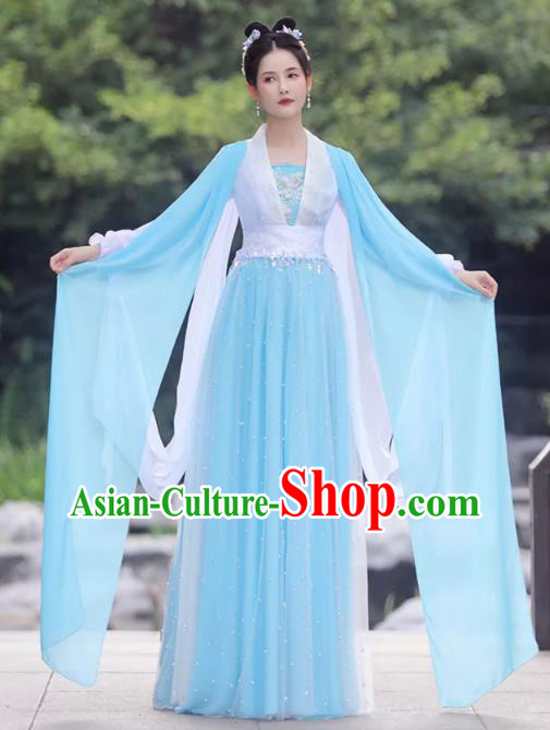 China Song Dynasty Princess Costume Blue Fairy Dress Ancient Hanfu Classical Dance Clothing