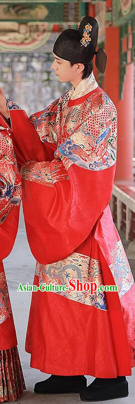 China Ming Dynasty Groom Costume Ancient Official Clothing Male Wedding Hanfu Red Brocade Robe