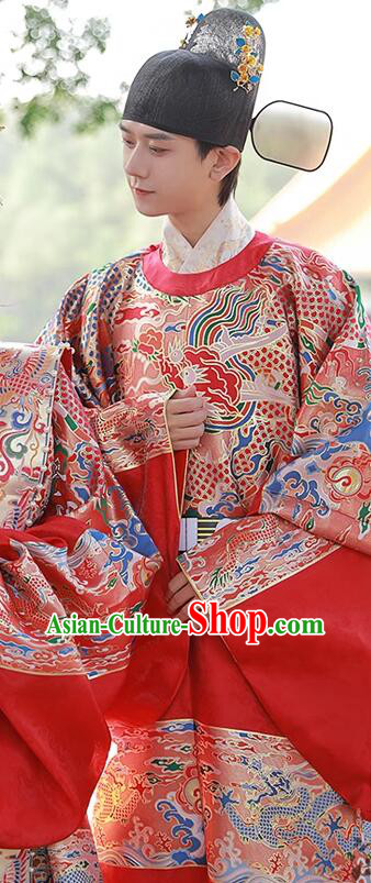 China Ming Dynasty Groom Costume Ancient Official Clothing Male Wedding Hanfu Red Brocade Robe