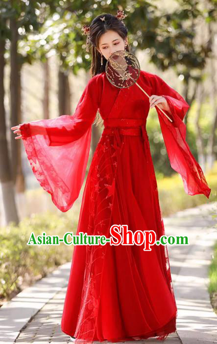 China Classical Jing Hong Dance Red Dress Ancient Fairy Hanfu Han Dynasty Bride Costume