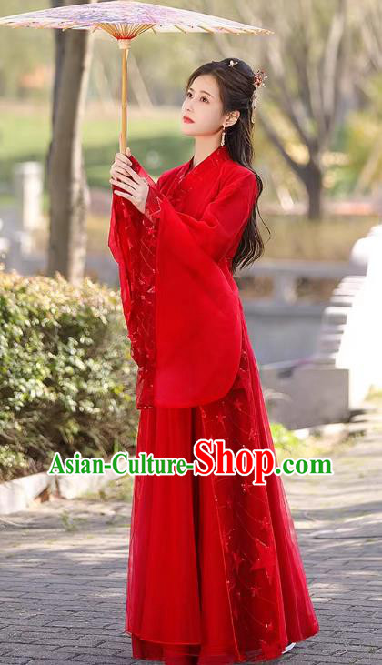 China Classical Jing Hong Dance Red Dress Ancient Fairy Hanfu Han Dynasty Bride Costume