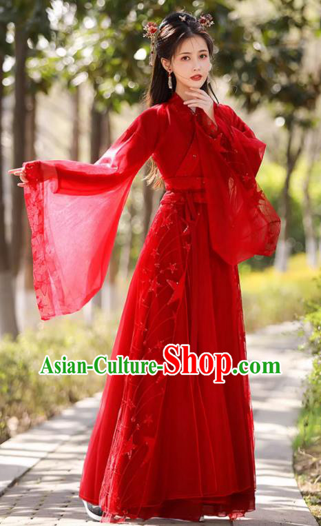China Classical Jing Hong Dance Red Dress Ancient Fairy Hanfu Han Dynasty Bride Costume