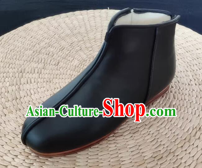 China Winter Insulated Shoes Old Beijing Shoes Handmade Leather Boots Black Kung Fu Boots