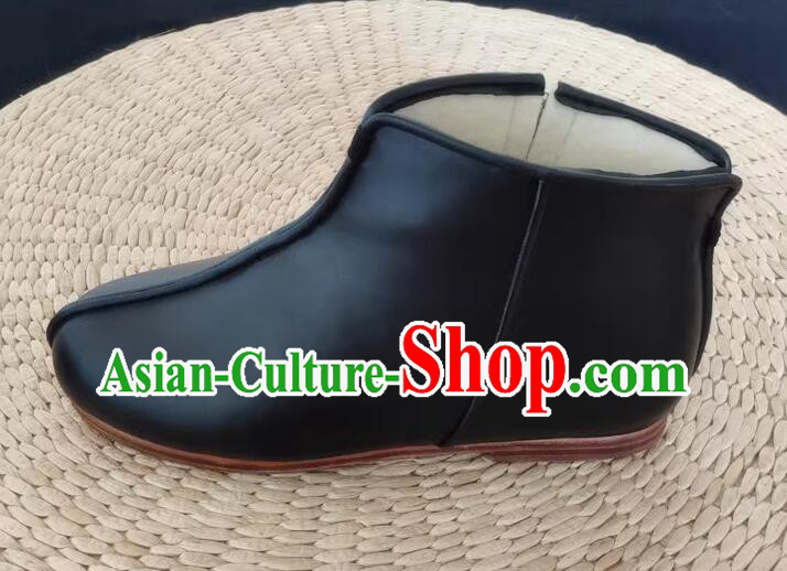 China Winter Insulated Shoes Old Beijing Shoes Handmade Leather Boots Black Kung Fu Boots
