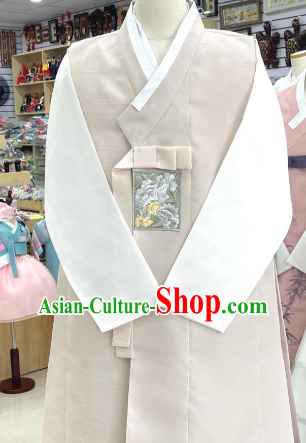 Korean Embroidered Male Costumes Traditional Hanbok Wedding Groom Clothing Beige Top and Pants