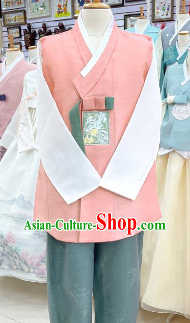 Traditional Hanbok Korean Wedding Groom Clothing Pink Shirt and Green Pants Embroidered Male Costumes