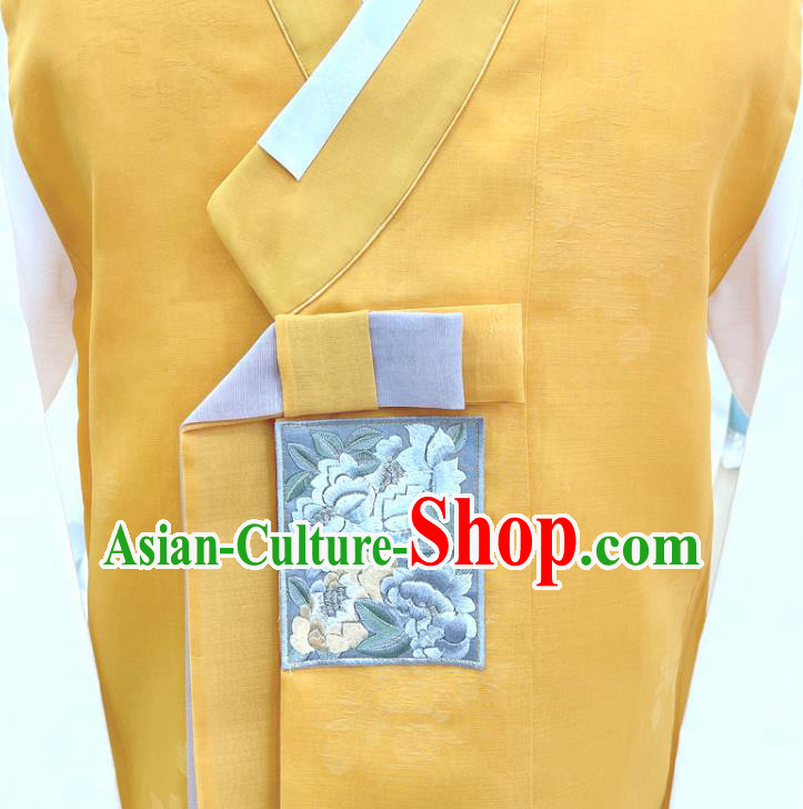 Traditional Hanbok Embroidered Male Costumes Korean Wedding Groom Clothing Yellow Shirt and Pants