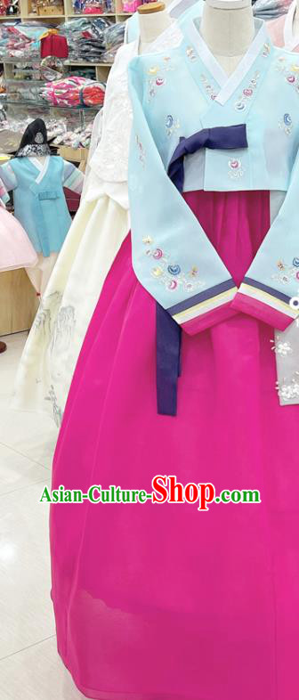 Korean Embroidered Light Blue Blouse and Magenta  Dress Traditional Hanbok Wedding Costumes Complete Set