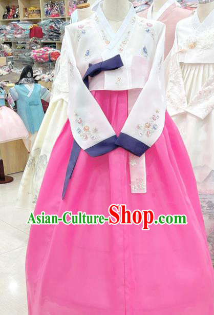 Korean Bride Clothing Embroidered White Blouse and Pink Dress Traditional Hanbok Wedding Costumes