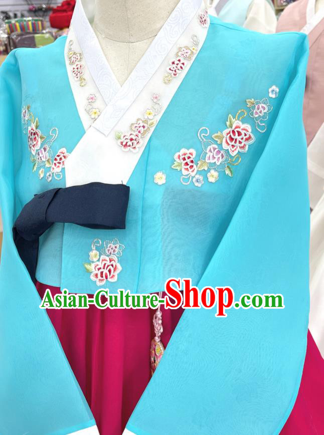 Traditional Hanbok Wedding Costumes Korean Bride Clothing Embroidered Blue Blouse and Magenta Dress