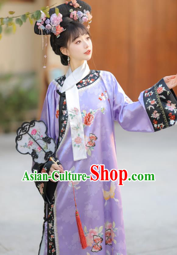 China Qing Dynasty Princess Clothing Manchu Woman Purple Dress Ancient Palace Lady Costume