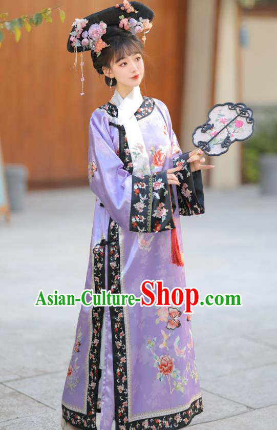 China Qing Dynasty Princess Clothing Manchu Woman Purple Dress Ancient Palace Lady Costume