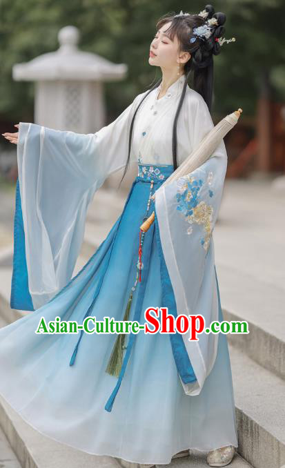 China Ancient Goddess Costume Wei Jin Dynasty Princess Clothing Traditional Hanfu Blue Dress