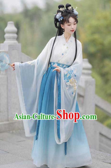 China Ancient Goddess Costume Wei Jin Dynasty Princess Clothing Traditional Hanfu Blue Dress
