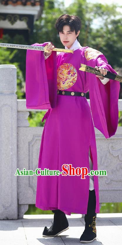 China Ming Dynasty Official Purple Dragon Robe Traditional Hanfu Garment Ancient Imperial Bodyguard Costume