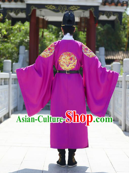 China Ming Dynasty Official Purple Dragon Robe Traditional Hanfu Garment Ancient Imperial Bodyguard Costume