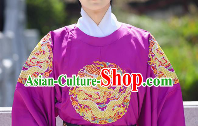 China Ming Dynasty Official Purple Dragon Robe Traditional Hanfu Garment Ancient Imperial Bodyguard Costume