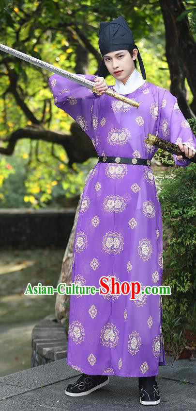 China Ancient Swordsman Costume Tang Dynasty Young Hero Purple Round Collar Robe Traditional Hanfu Garment