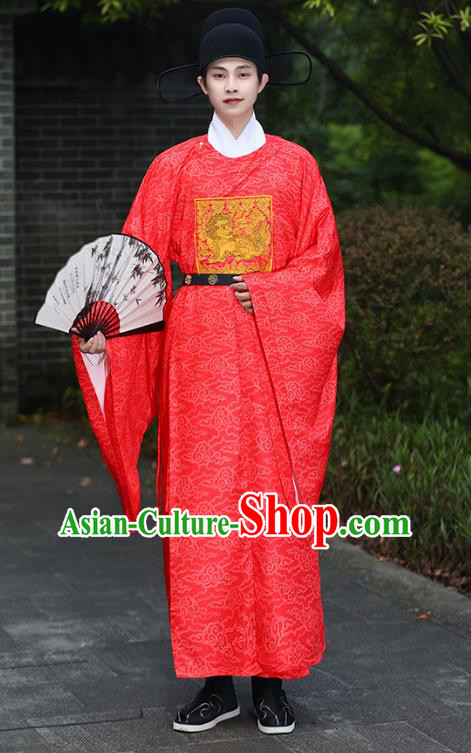 China Traditional Hanfu Garment Ancient Official Costume Ming Dynasty Military Officer Red Robe