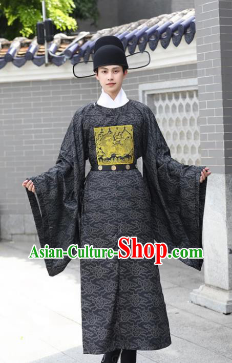 China Ming Dynasty Military Official Embroidered Lion Black Robe Traditional Hanfu Garment Ancient Officer Costume