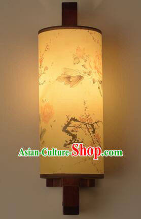 Chinese Wood Wall Lantern Top Peony Plum Painting Lamp Handmade Hallway Lamp
