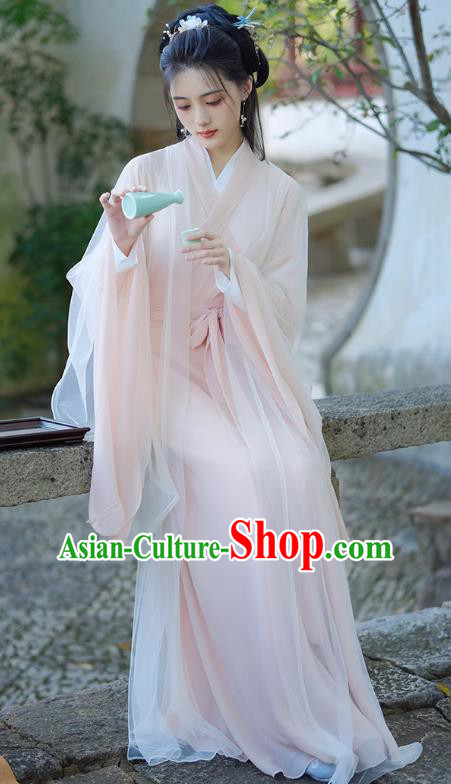 China Traditional Hanfu Pink Dress Ancient Fairy Princess Clothing Jin Dynasty Woman Costumes