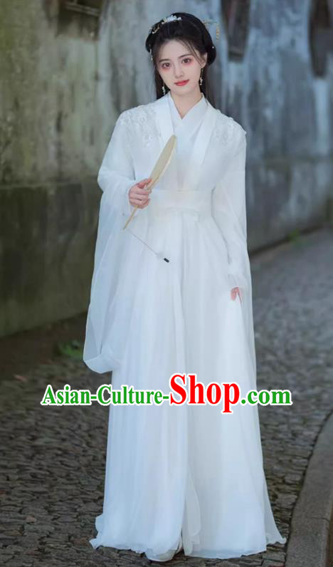 China Jin Dynasty Woman Costumes Traditional Hanfu White Dress Ancient Xianxia Swordsman Clothing