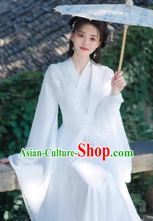 China Jin Dynasty Woman Costumes Traditional Hanfu White Dress Ancient Xianxia Swordsman Clothing
