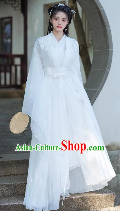 China Jin Dynasty Woman Costumes Traditional Hanfu White Dress Ancient Xianxia Swordsman Clothing