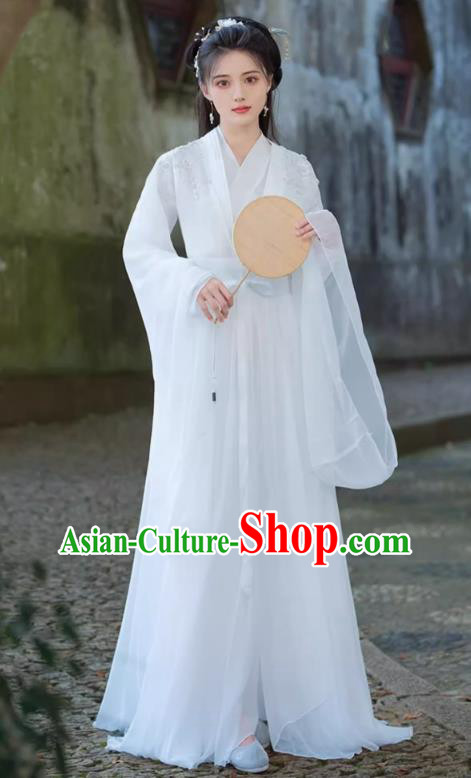 China Jin Dynasty Woman Costumes Traditional Hanfu White Dress Ancient Xianxia Swordsman Clothing