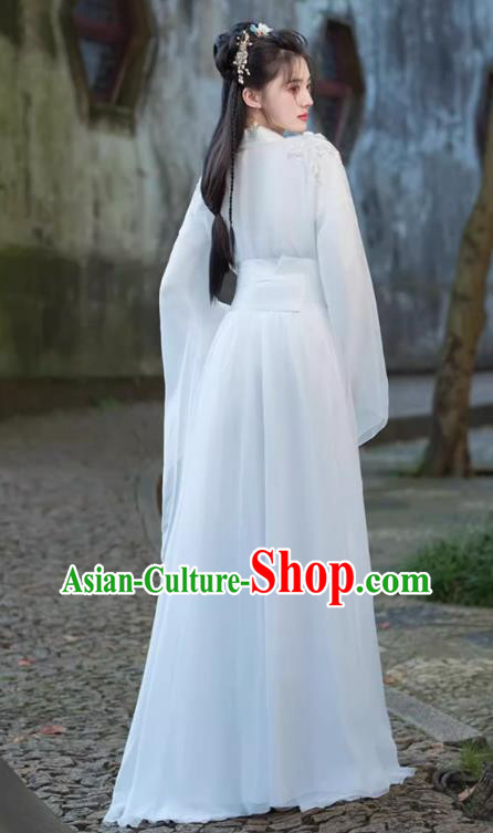 China Jin Dynasty Woman Costumes Traditional Hanfu White Dress Ancient Xianxia Swordsman Clothing