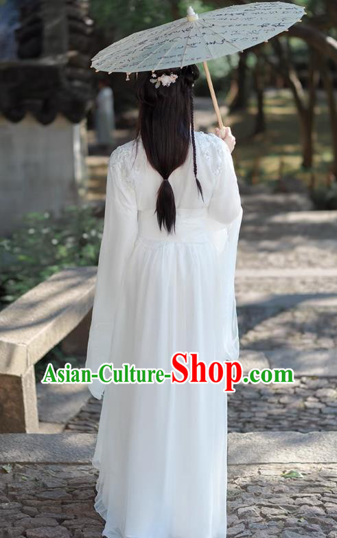 China Jin Dynasty Woman Costumes Traditional Hanfu White Dress Ancient Xianxia Swordsman Clothing