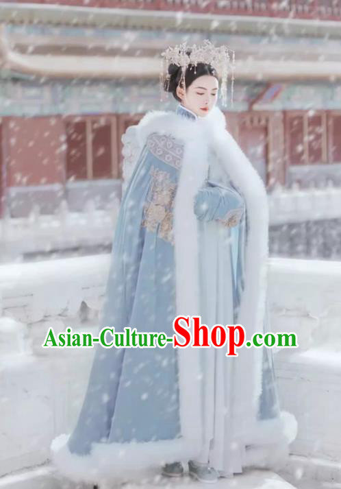 China Qing Dynasty Imperial Concubine Costume Traditional Manchu Woman Blue Cloak Ancient Court Empress Clothing