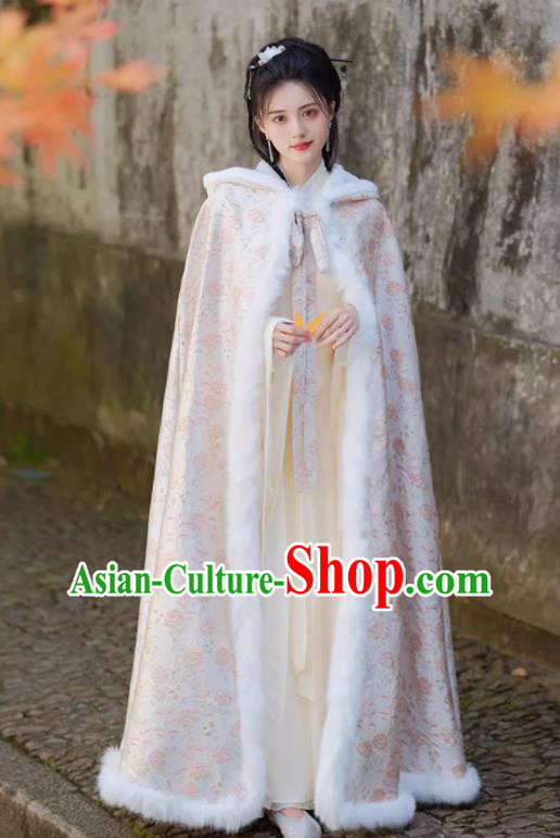 China Ming Dynasty Long Cloak Traditional Hanfu Winter Costume Ancient Princess Mantle Clothing