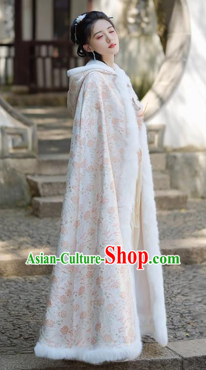 China Ming Dynasty Long Cloak Traditional Hanfu Winter Costume Ancient Princess Mantle Clothing