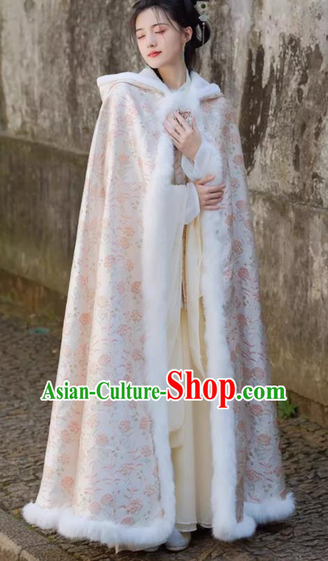 China Ming Dynasty Long Cloak Traditional Hanfu Winter Costume Ancient Princess Mantle Clothing