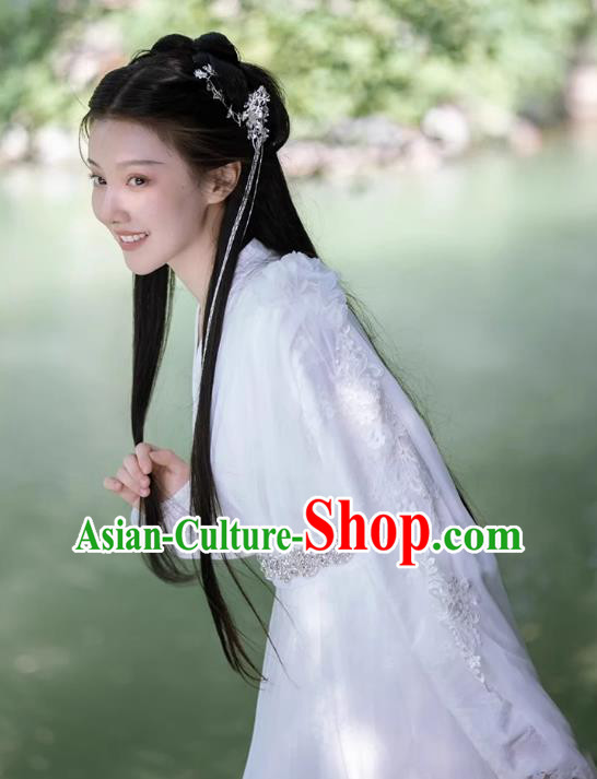 China Traditional Hanfu White Fairy Dress Ancient Goddess Clothing TV Series Swordswoman Costume